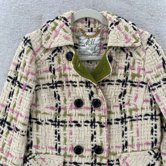 Milly of New York Tweed Pea Coat Womens Size 0 Double Breasted Long Wool Jacket - Picture 3 of 14